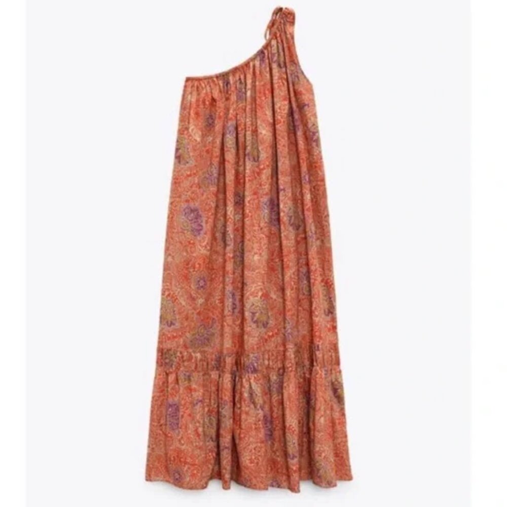 Zara One-Shoulder Paisley Dress - Orange and Purple
